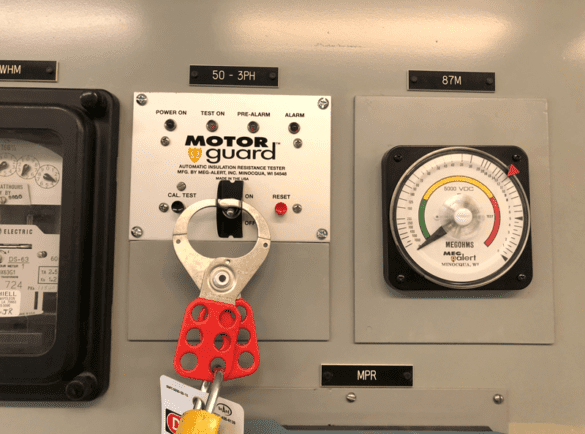 The Meg-Alert Model GP5000-MU-AS (ARC SAFE) remote LED/switch panel with on/off switch
LOTO bracket and analog megohm meter.