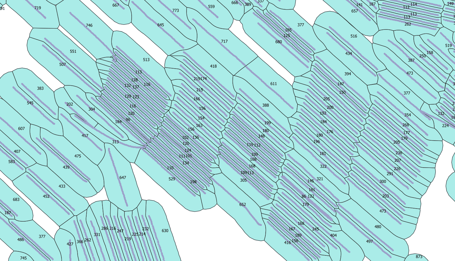 Figure 1: Sample of Study Area Showing Pseudo-Drainage Areas and Acreage Values 