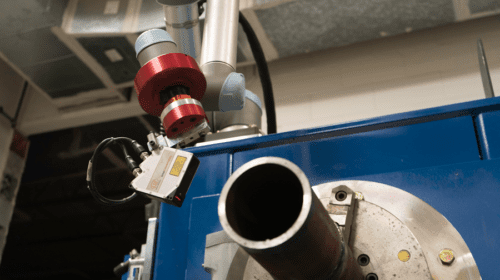 The Artificial Intelligence Pipe Welding (AIPW) system from ARC Specialties combines a Micro-Epsilon laser scanner, artificial intelligence software and a Universal Robots six-axis UR5 robot arm.