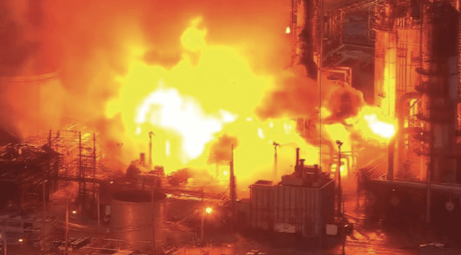 A massive fire burns at Philadelphia Energy Solutions Inc’s oil refinery in this still image from video in Philadelphia, Pennsylvania, June 21, 2019. WCAU-TV/NBC via REUTERS