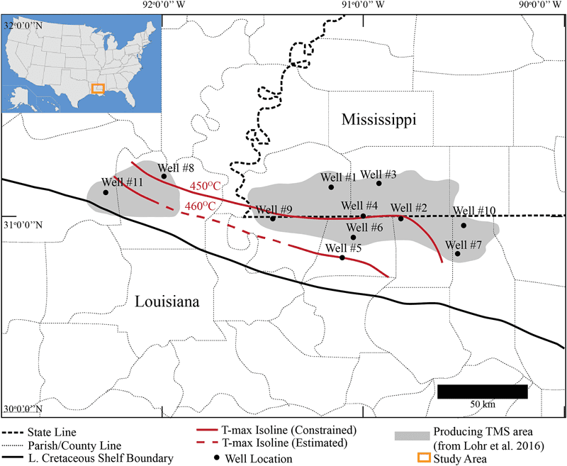 Map of the Tuscaloosa Marine Shale study region and well locations. Graph courtesy of University of Louisiana – Lafayette, Tuscaloosa Marine Shale Laboratory