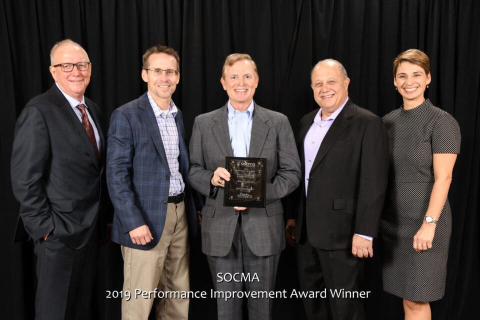 2019 SOCMA Performance Improvement Award (L to R) Gene Williams Chairman SOCMA Board, Joe Welch MFG Chemical EHSS, Keith Arnold Pres CEO MFG Chemical, Jon Amdursky MFG Marketing Comm, Jennifer Abril SOCMA Pres CEO.