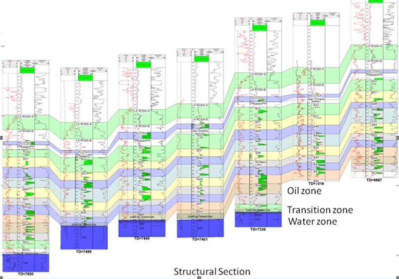 Geological model and fluids distribution in the reservoir – Source: Sánchez 2006