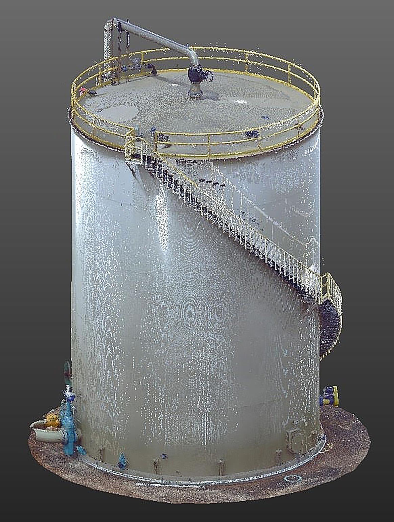 A finished point cloud provides detailed view of a storage tank. Laser scanning is used for both interior and exterior scans.