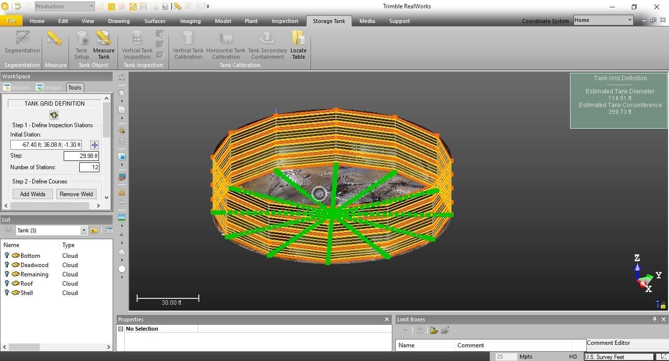 A tank model with stations for API 653 report. Stations can be created in software during office processing.