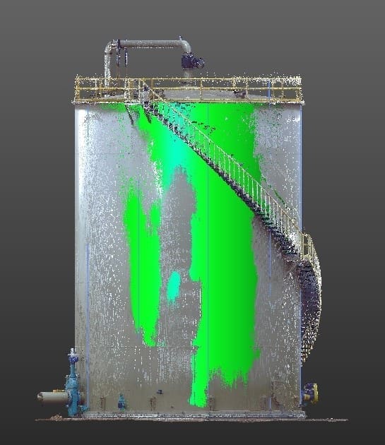 Storage tank exterior with comparison to a vertical cylinder reveals deformation.