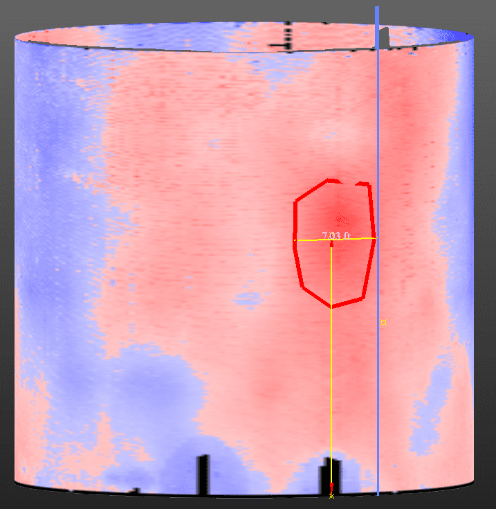 An inspection uses color coding (heat maps) to reveal bulges or deformation in a tank shell. The dimensions of the region may be measured directly form the scanning data.