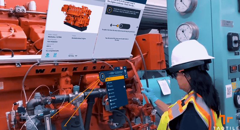 Taqtile’s Manifest platform allows skilled workers to create stored, step-by-step procedures with minimal training. Markers and position indicators steer users to key components and equipment locations. Authors can include video, audio, photos, documents or schematics.