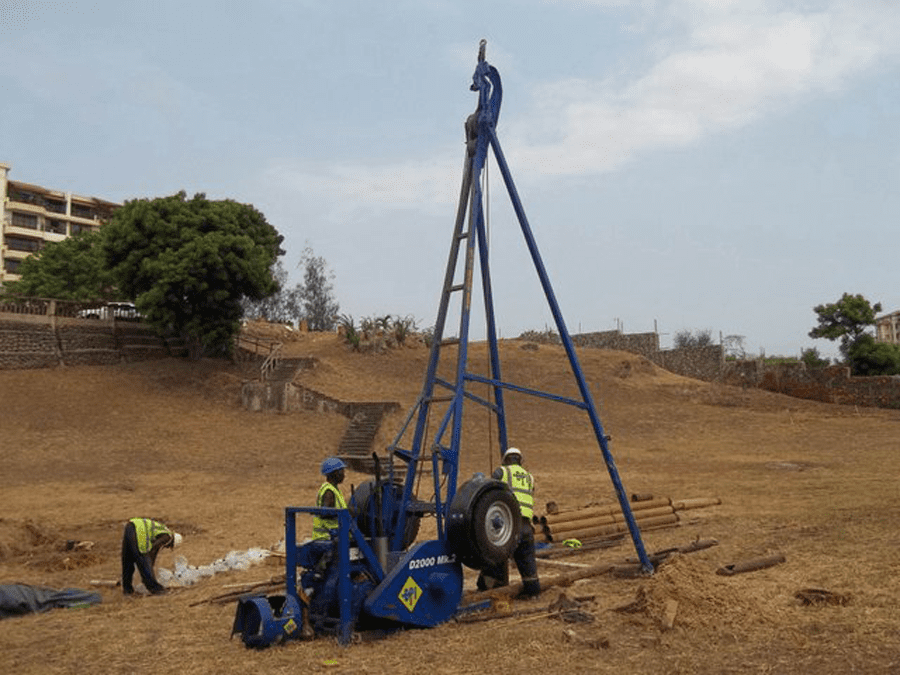 Percusion drilling. Photo courtesy of Dando Drilling & Prospecting International