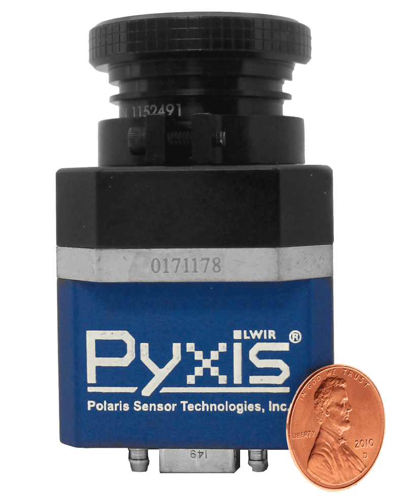 On the left is a picture of the Pyxis camera. It is small enough (fits in a 3.5” x 2” x 2” envelope) and light enough (weighs less than 0.5 pound) to mount on a drone or to be used as a hand-held device for easy transport. It can also be hardened to withstand constant waves and salt spray for use on an open water oil rig.