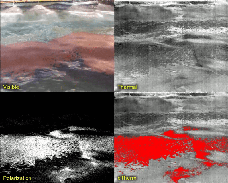 Figure 4. Detection capability of visible (upper left), thermal (upper right), polarization (lower left) and the combined IR/polarization signal (lower right) when dealing with emulsified oil.