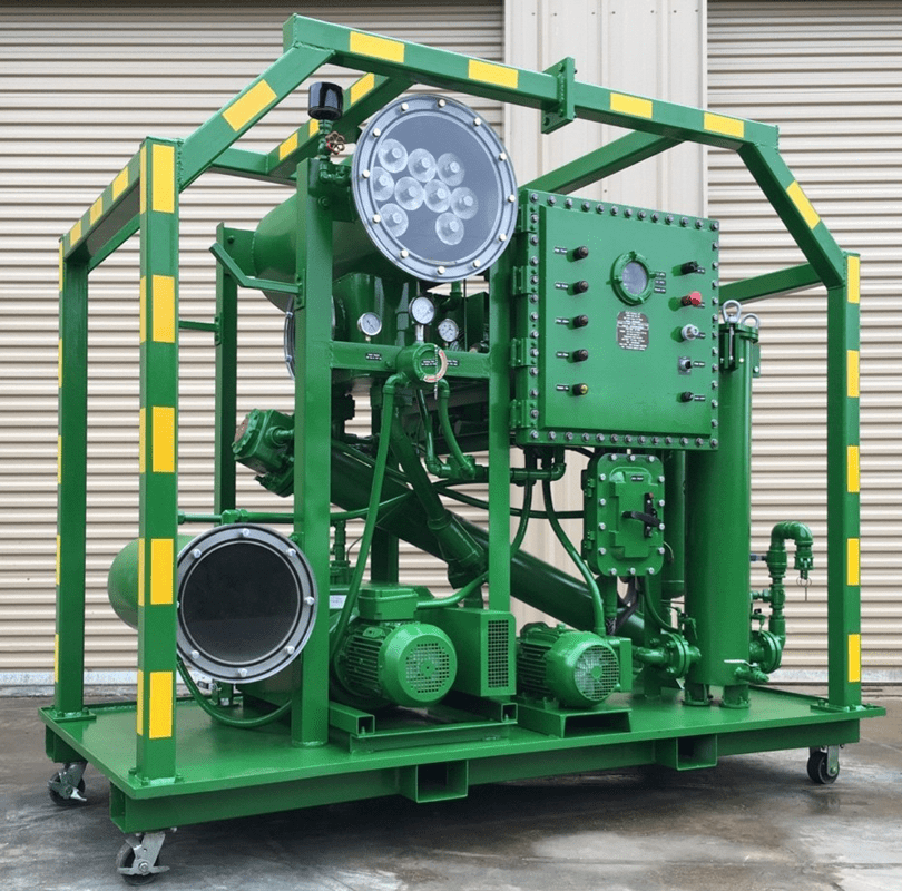 Depicted is a vacuum dehydrator. Offshore work falls under the regulations of the American Petroleum Institute (API). Equipment, including vacuum dehydrators, must meet the requirements of API Recommended Practice 14C.