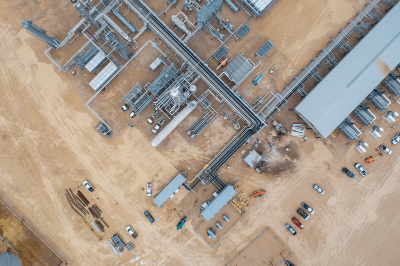 A downward looking birds eye view of a Midland gas processing facility.