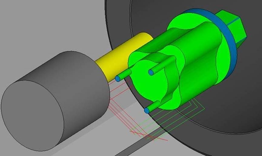 Milling contoured surfaces using the Okuma mill turn, as shown above, would not have been attempted without ESPRIT, says Buckaloo. The software enabled Cleveland Machine to rapidly create a program to produce these one-off parts for a local rancher.