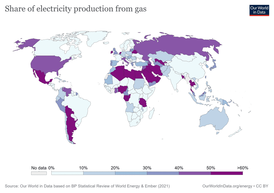 Electricity from gas, 2020. Source: Our World in Data