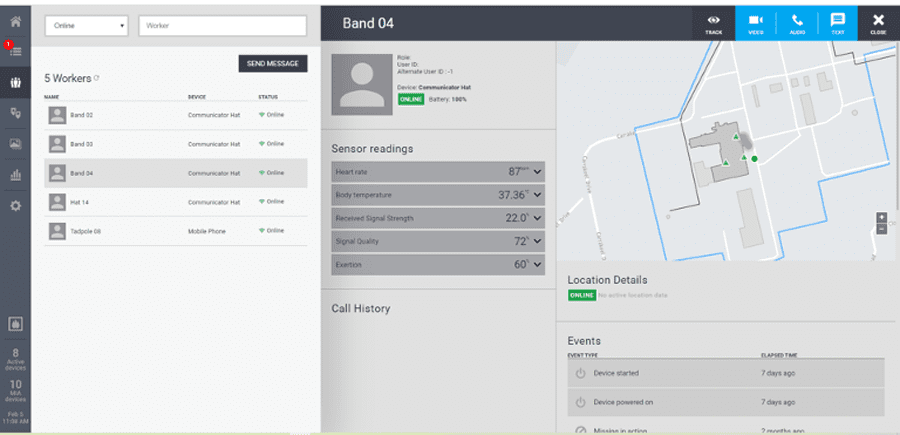 The user can view real-time monitoring of employees while tracking their health and exposure level. Heart rate, body temperature, and exertion level are all measured through the wearable donned by the employee in the field.