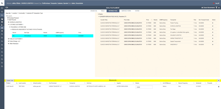 Figure 1: Deal fulfillment screen for finished fuels and refined products.