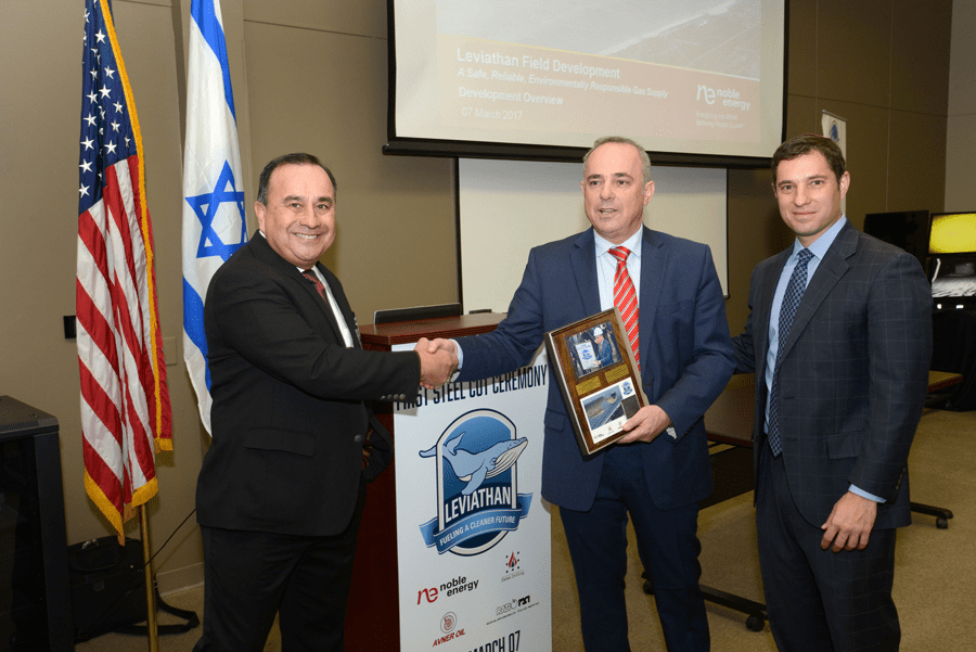 Mario R. Lugo is presented with Noble Energy’s Leviathan Award on March 7, 2017 at Trendsetter Engineering. Photo courtesy of Robert Allred www.allredphotography.com.