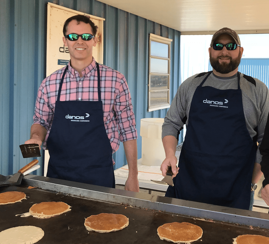 Eric Danos (left) is pictured with Danos Operations Manager Eric Hood cooking pancakes. In 2017, Danos completed a pancake deck for a customer’s floating production storge and offloading vessel. To celebrate, Danos invited the customer to its Amelia Integrated Services Complex to enjoy pancakes and breakfast sausage alongside the Danos team.