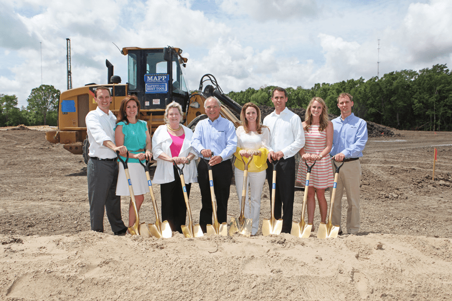 Pictured from left to right are Paul, Kara, Rodlyn, Hank, Rebecca, Kayce and Mark Danos at the groundbreaking of Danos headquarters facility.