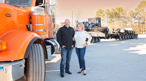 Advanced Freight Dynamics owner Steven Lyons and operations manager Alana Lyons standing by the Faymonville Highway Max 3. Photos courtesy of Tara Flannery Photography, LLC – www.taraflannery.com.