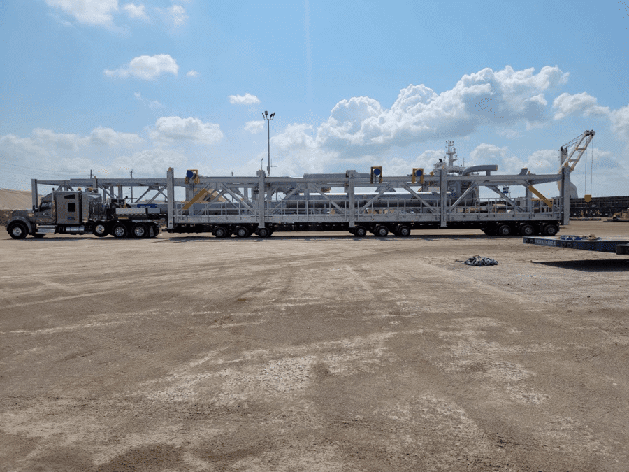 Control module being hauled on the Faymonville Highway Max after loading off a ship.