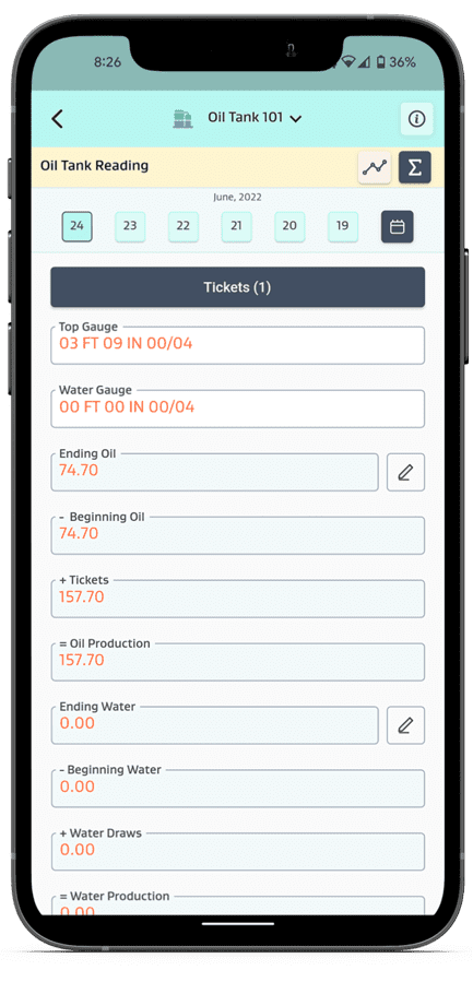 Figure 1: JOYN run ticket screen and tank gauge entry attributes and associated calculations with option to linearly interpolate ending oil and water and back calculate tank gauges (users can also use the device’s camera to attach an image of the run ticket).