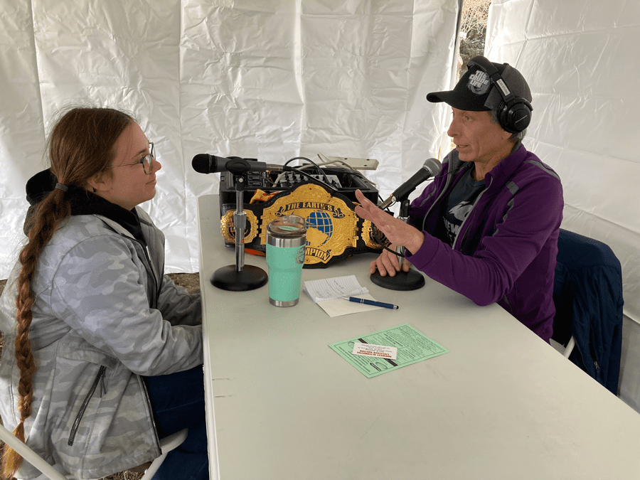 Puppet master Brooklyn (left) talks to Jason Spiess (right) about FFA safety through puppets.