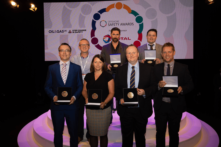 2018 Offshore Safety Awards Winners (L-R) Dr. Marcin Nazaruk, Alan Dickson, Fiona Fleming, Ian Garden, John Ritchie for Conoco Phillips, William Davidson, James Ellerton. Photo courtesy of IOGP.