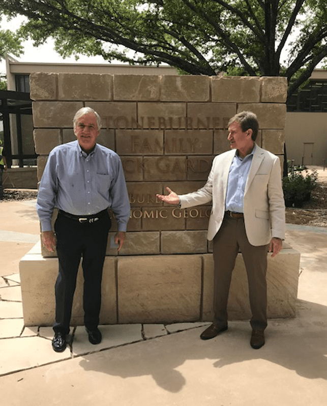 Mr. Stoneburner underwrote the construction of the Stoneburner Family Rock Garden, which is the location of the picture. It is located at the Bureau of Economic Geology at the University of Texas in Austin. He is pictured with Scott Tinker, Director of the Bureau.