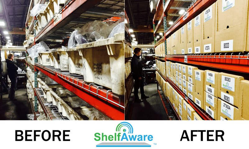When pulling products from inventory, various pieces with RFID smart tags can be placed in a tub and then placed on the ShelfAware scanning table. When analyzing the data, future forecasting of inventory consumption can be determined for each specific job or job site. Image courtesy of ShelfAware.