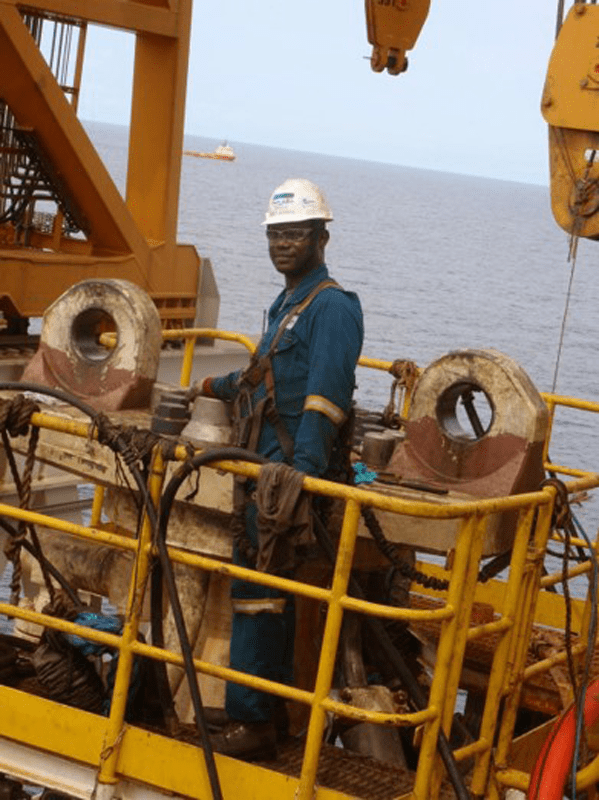 At the top of the 6th generation Blow Out Preventer (BOP) Stack, performing periodic maintenance.