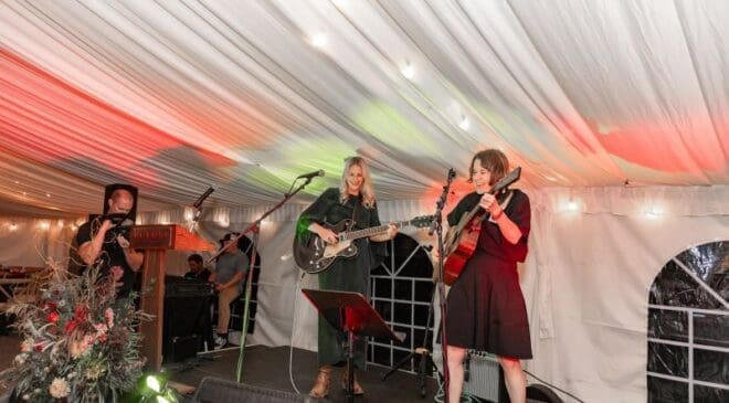 Ucross alumni Sarah Sample left and Kate Schutt perform at the Ucross 40th Anniversary Gala in Ucross Wyoming September 27 2023