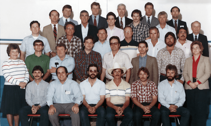 Hughes Drilling Seminar, Houston, Texas, March 21, 1984; Row 1: Jerry Arceneaux, Union Oil of California; Rick Farmer, Union Oil of California; Kenneth Becker, Trend Drilling Co.; Freddy Forbus, Lin-Mour Drilling Co.; Terje Jones, Statoil; Geir Tangen, Statoil; Row 2: Toppy Vordenbaum, Hughes Tool Division; Andy Grubb, Harkins & Co.; Cecil R. Cates, Shell Western E.&P., Inc.; Gordan Haff, ODECO; David Stegall, AMOCO; Warren Johnson, CONOCO; Duane Read, Mitchell Energy Corp.; Annette Sonnier, Hughes Tool Division; Row 3: Gregg Johnson, Loffland Bros. Drlg. Co.; Leroy Kruppa, Texaco, Inc.; Martin Dufour, Nicor Drilling Co.; Leon Thomason, AMOCO; Willie Saunders, Harkins & Co.; Edward Hernandez, BelNorth Petroleum Corp.; Row 4: Christopher Young, Haning & Young Drlg. Co.; Jerry McCarver, Sun Expl. & Prod. Co.; Jack Shelledy, Tenneco Expl. & Prod. Co.; Dan Miessner, Shell Western E.&P., Inc.; Tom Hicks, AMOCO, Bill Highbarger, Hughes Tool Division; Row 5: All with Hughes Tool Division: Robert Morse, Harvey Brown, John Gieck, Steve Garris, Bill Bryan