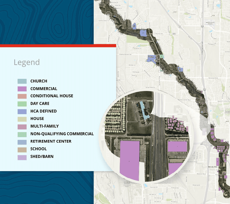 Structure ID Map: The Pipeline Hazardous Materials Safety Administration of the Department of Transportation requires extra safety measures for pipelines traveling through areas with greater density of populated structures like homes and hospitals. A Structure ID map and accompanying GIS datasets help midstream companies to quickly complete population density analysis, greatly simplifying regulatory compliance.