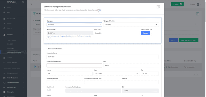 Screenshot of the XPC Platform Digital Water Identity Product secured via Blockchain.