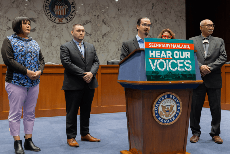 Nagruk Harcharek, president of VOICE, speaking at an advocacy trip to Washington D.C. Photo courtesy of Senator Dan Sullivan.