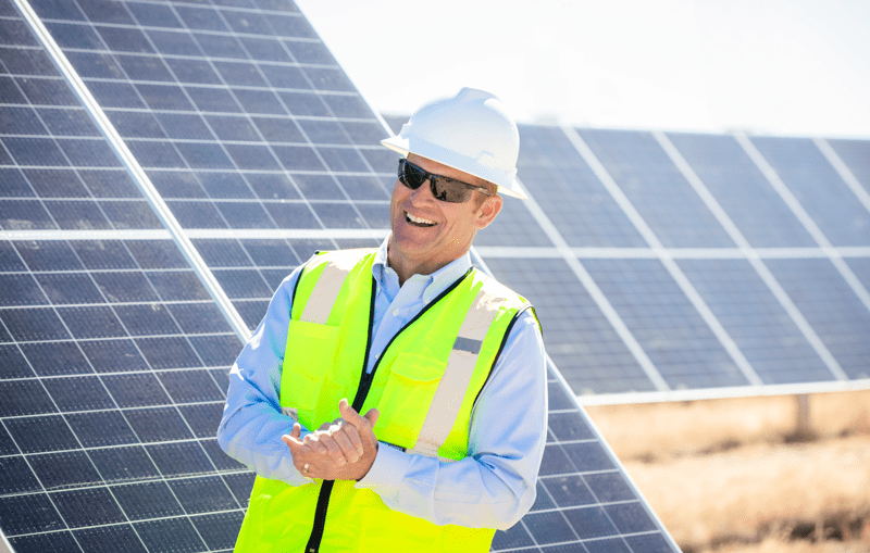 David Lawler visits the Lightsource bp solar project at the EVRAZ Steel Mill. The 300 MW project supplies power to the 100 year old facility, which recycles steel (Pueblo, Colorado, 2022).