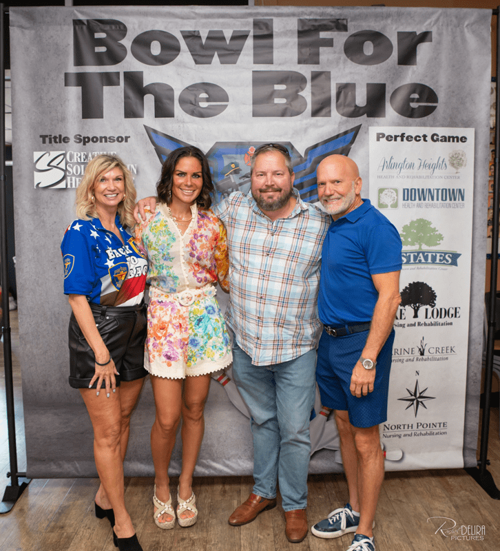 Jillian and Jordan Jayson at the 2023 Bowl for the Blue charity event, supporting local police officers and the Fort Worth community.