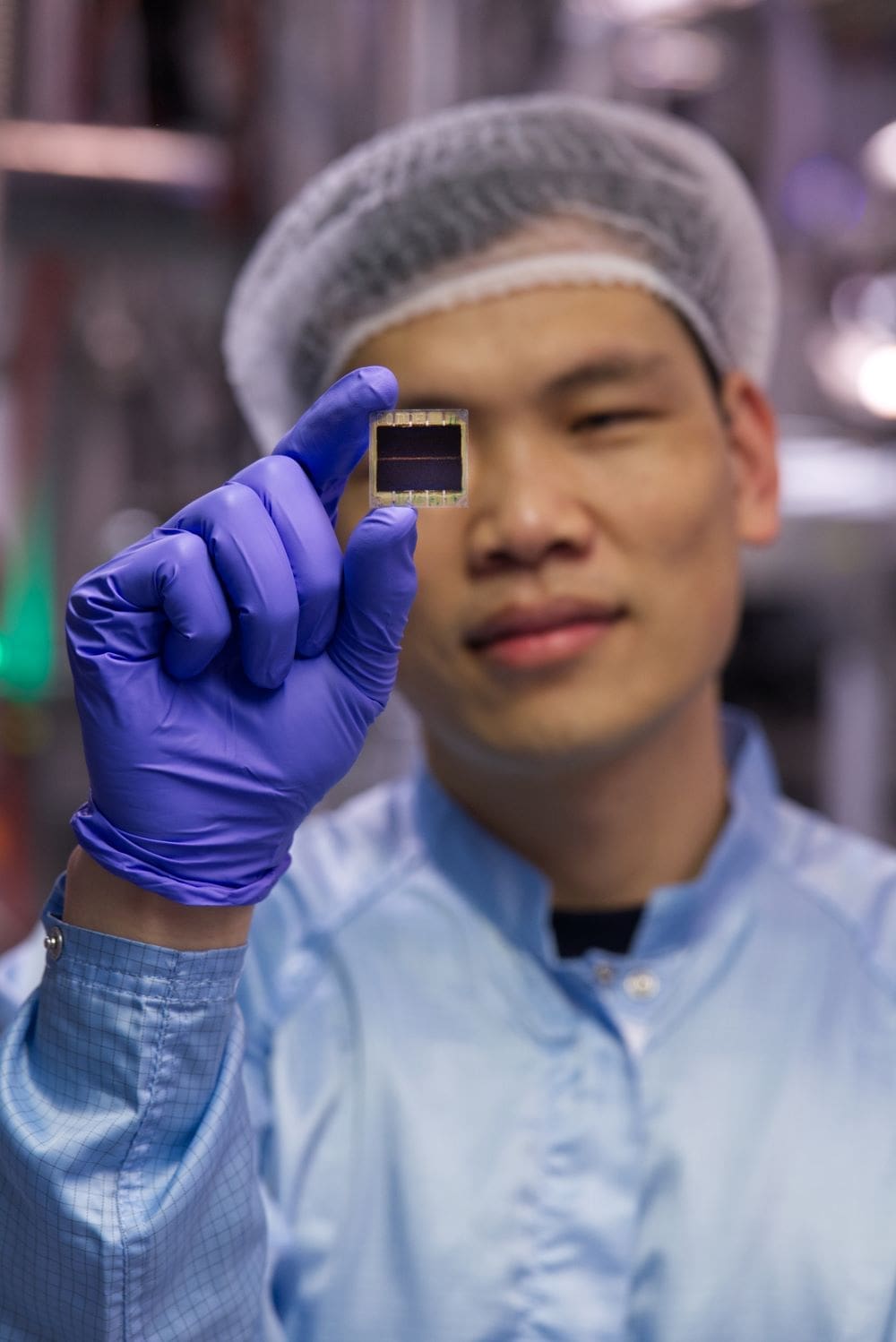 Dr Shuaifeng Hu, Post Doctoral Fellow at Oxford University Physics, examining the new thin-film perovskite material.