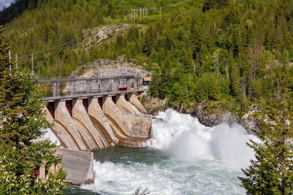 hydroelectric dam, river, trees