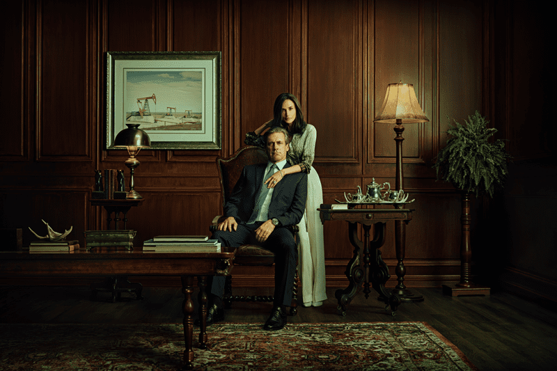 Jon Hamm as oilman Monty Miller, CEO of M-Tex, and Demi Moore as his wife Cami Miller. Photo Credit: James Minchin/Paramount+