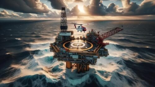 helicopter, off, oil, petroleum, offshore, industry, energy, drill, platform, ai generated