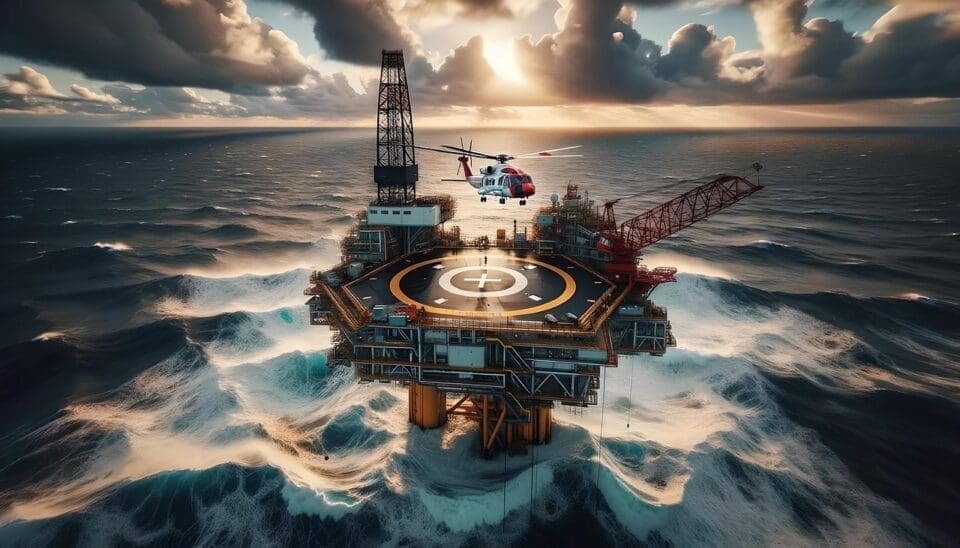 helicopter, off, oil, petroleum, offshore, industry, energy, drill, platform, ai generated