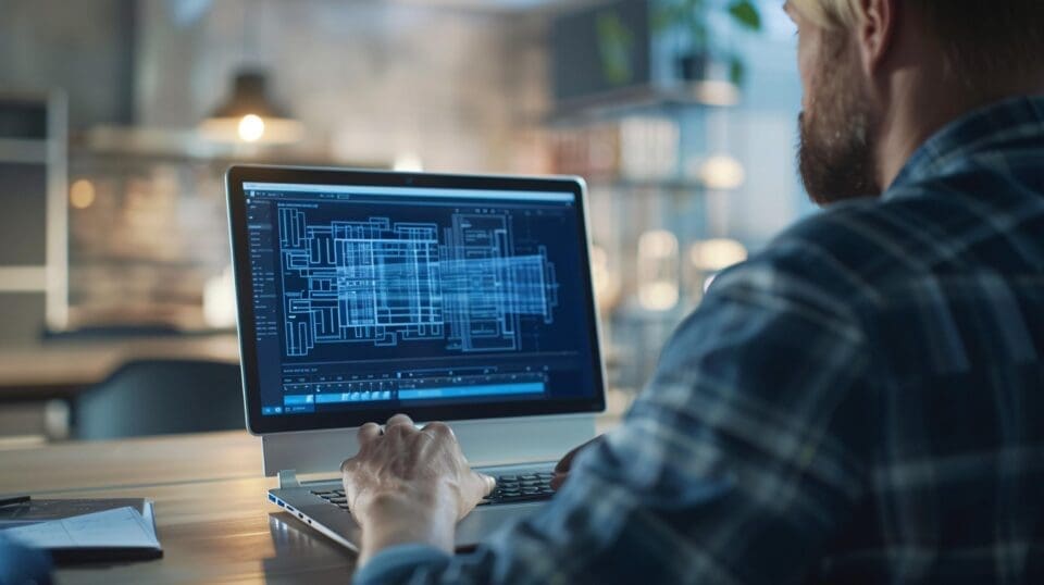 ai generated, engineer, laptop, design, technical, drawing, mechanical, component, concentration, skills, work, computer, technology, workspace, office, profession, professional, digital, engineering, project, innovation, development, blueprint, drafting, planning, productivity