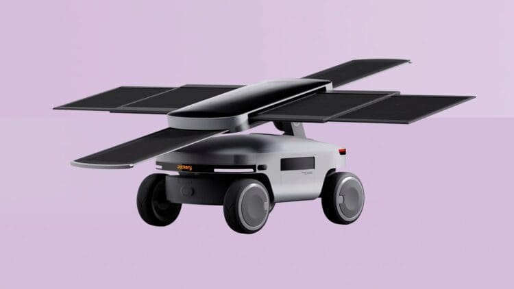 Solar panels over AI robot chase sunlight