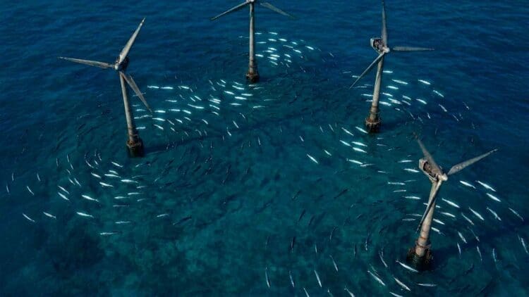 Fish swimming around wind turbines