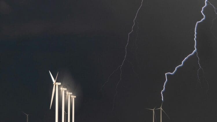 Researchers studying a wind turbine during a storm discovered it can ‘attract’ lightning by sending electrical discharges back up into the clouds 1 lightning striking near wind turbines