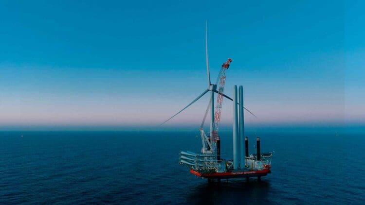 Off Denmark's coast, RWE just raised a turbine that pairs low-carbon steel with recyclable blades — and claims no one has done it before 1 offshore wind turbine being installed