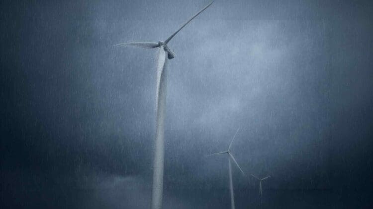 wind turbines in the rain